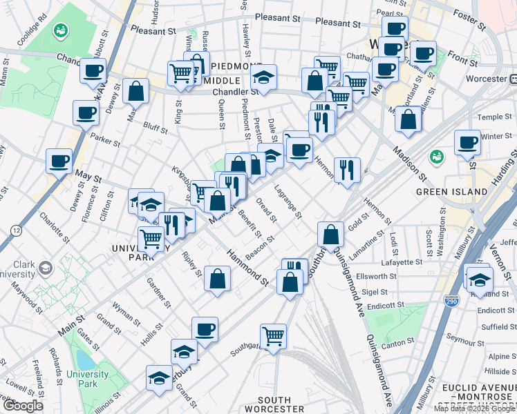 map of restaurants, bars, coffee shops, grocery stores, and more near 16 Oread Street in Worcester