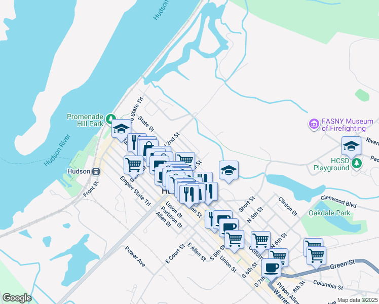 map of restaurants, bars, coffee shops, grocery stores, and more near 247 Robinson Street in Hudson