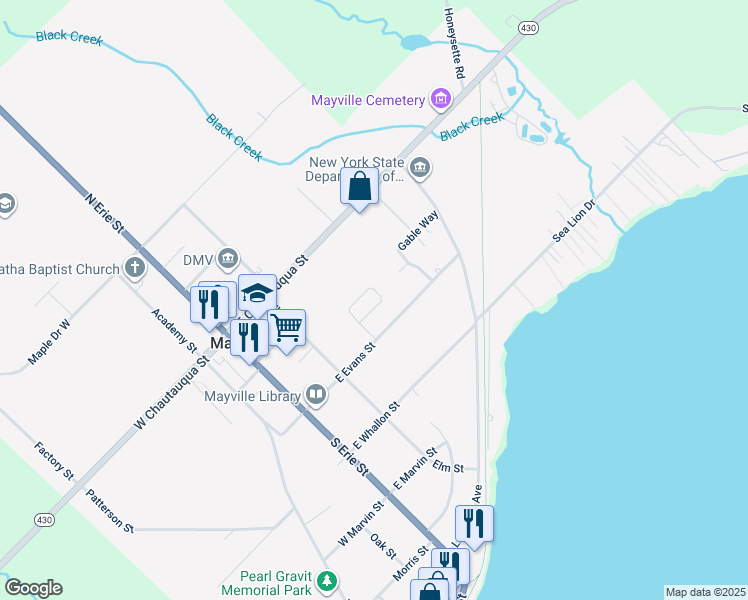 map of restaurants, bars, coffee shops, grocery stores, and more near 40 West Evans Street in Mayville