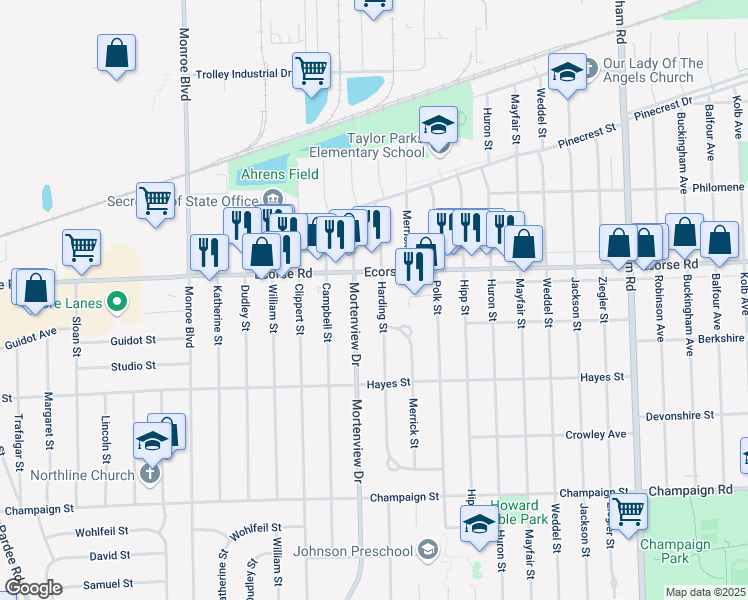 map of restaurants, bars, coffee shops, grocery stores, and more near 7207 Mortenview Drive in Taylor