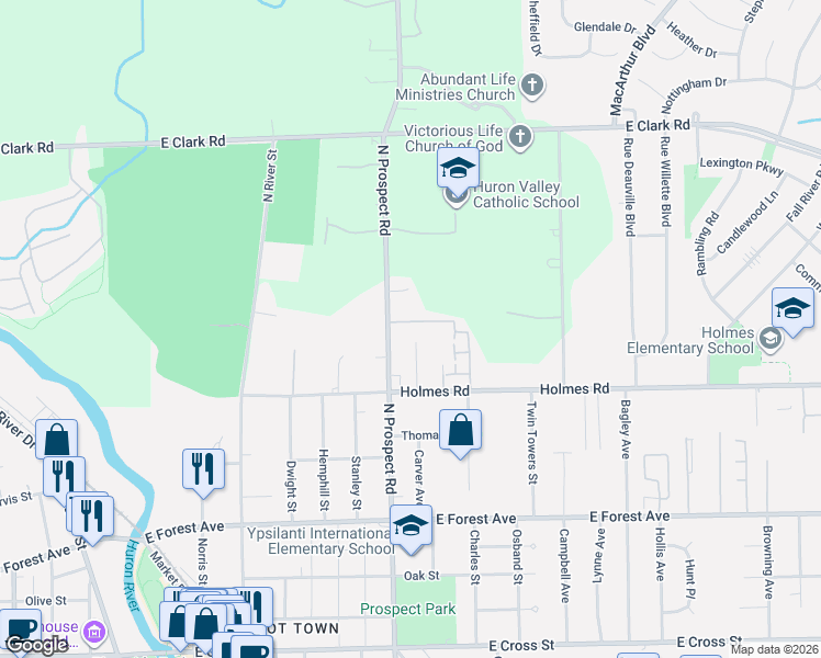 map of restaurants, bars, coffee shops, grocery stores, and more near 524 Terrace Lane North in Ypsilanti