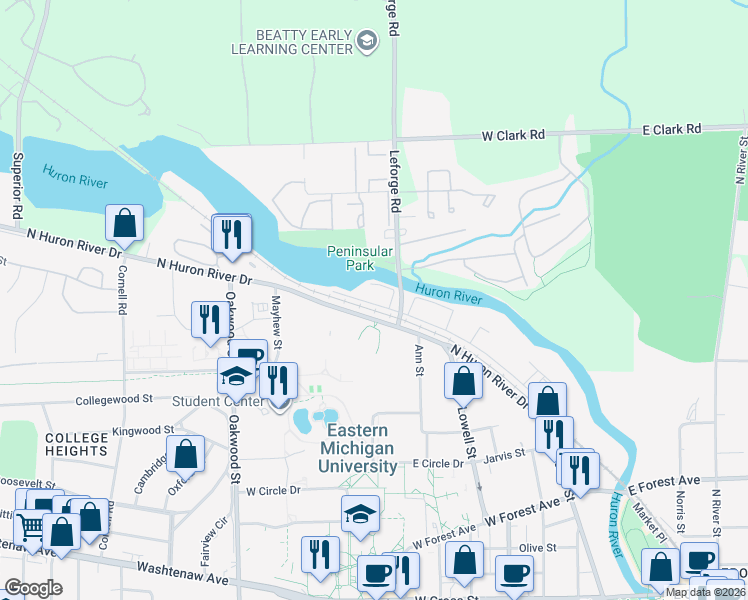 map of restaurants, bars, coffee shops, grocery stores, and more near in Ypsilanti