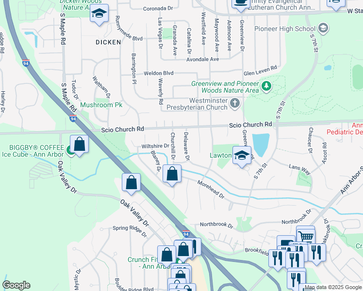 map of restaurants, bars, coffee shops, grocery stores, and more near 2070 Delaware Drive in Ann Arbor
