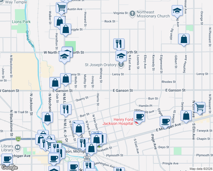 map of restaurants, bars, coffee shops, grocery stores, and more near 810 East Ganson Street in Jackson