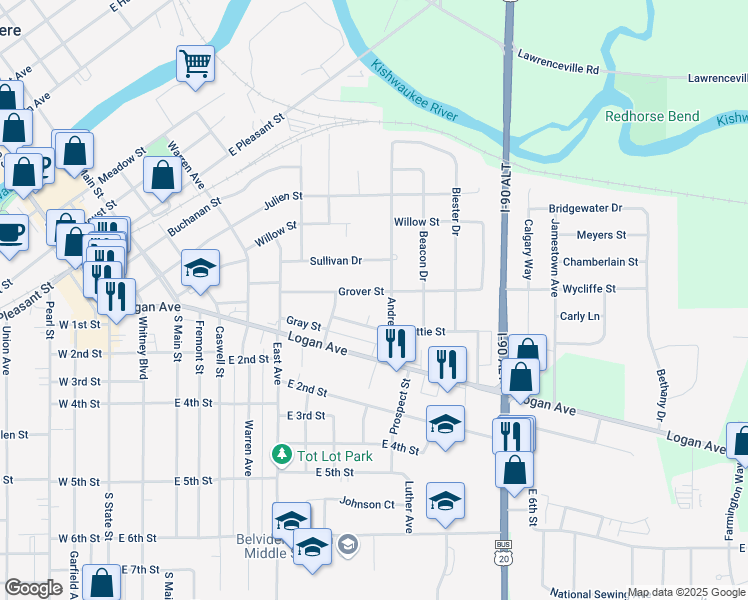 map of restaurants, bars, coffee shops, grocery stores, and more near 411 Andrews Drive in Belvidere