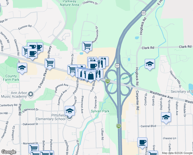 map of restaurants, bars, coffee shops, grocery stores, and more near 2298 Yost Blvd in Ann Arbor