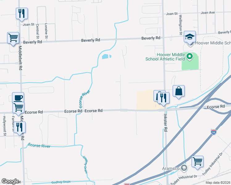 map of restaurants, bars, coffee shops, grocery stores, and more near 6876 Birchdale Street in Romulus