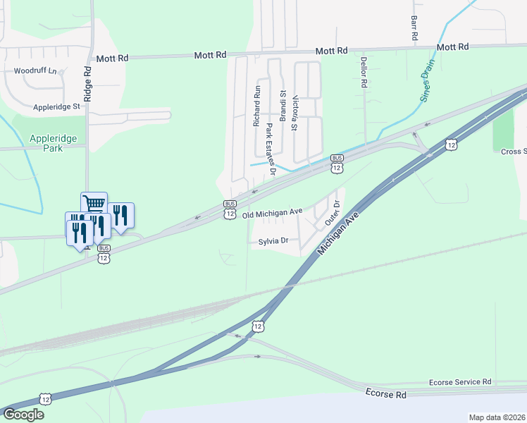 map of restaurants, bars, coffee shops, grocery stores, and more near 51227 Old Michigan Avenue in Belleville