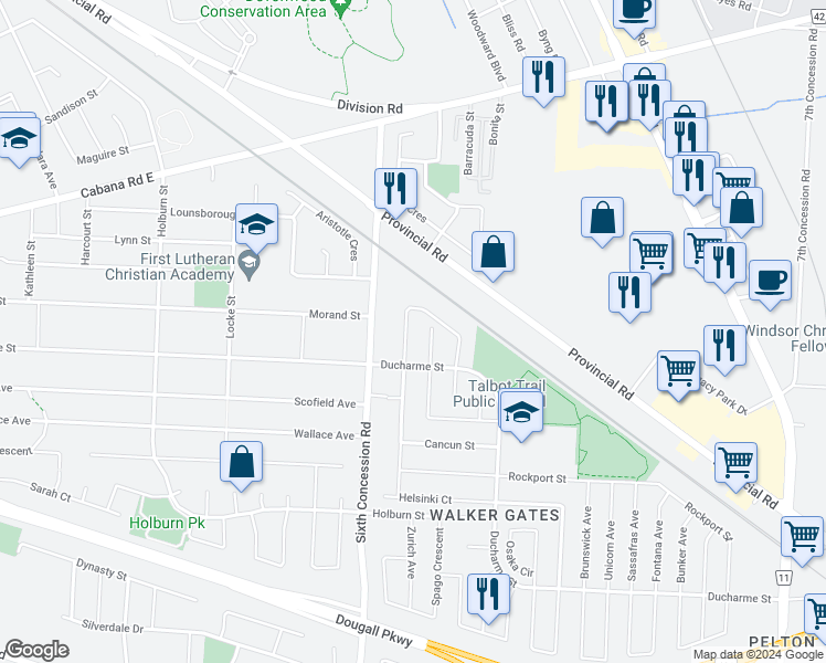 map of restaurants, bars, coffee shops, grocery stores, and more near 3906 Zanzibar Crescent in Windsor