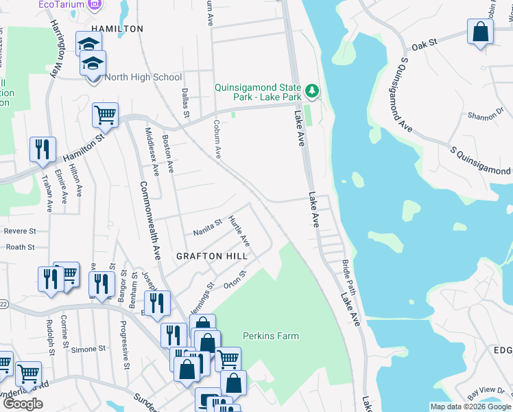 map of restaurants, bars, coffee shops, grocery stores, and more near 107 Orton Street Extension in Worcester