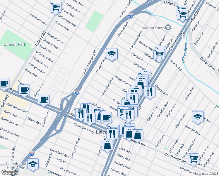 map of restaurants, bars, coffee shops, grocery stores, and more near 1458 Euclid Street in Lincoln Park