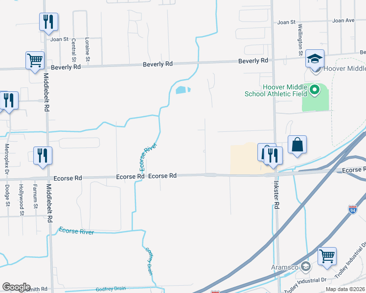 map of restaurants, bars, coffee shops, grocery stores, and more near 6876 Birchdale Street in Romulus