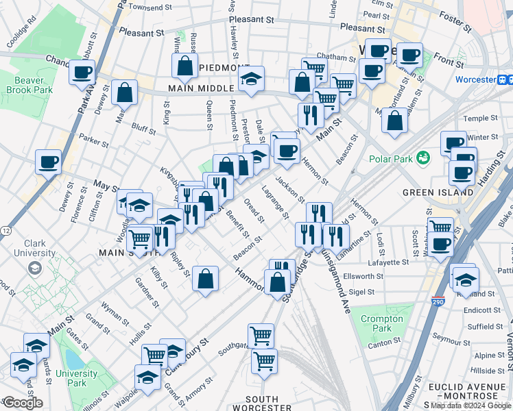 map of restaurants, bars, coffee shops, grocery stores, and more near 15 Oread Street in Worcester