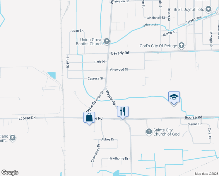 map of restaurants, bars, coffee shops, grocery stores, and more near 6900 Wayne Road in Romulus
