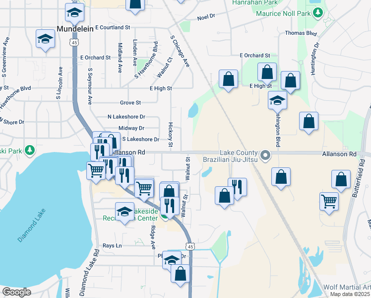 map of restaurants, bars, coffee shops, grocery stores, and more near 623 Allanson Road in Mundelein