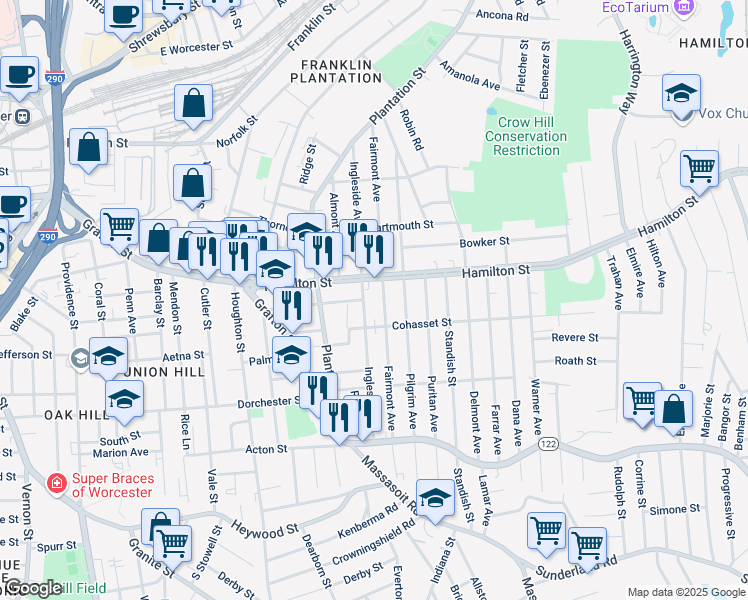 map of restaurants, bars, coffee shops, grocery stores, and more near 146 Fairmont Avenue in Worcester