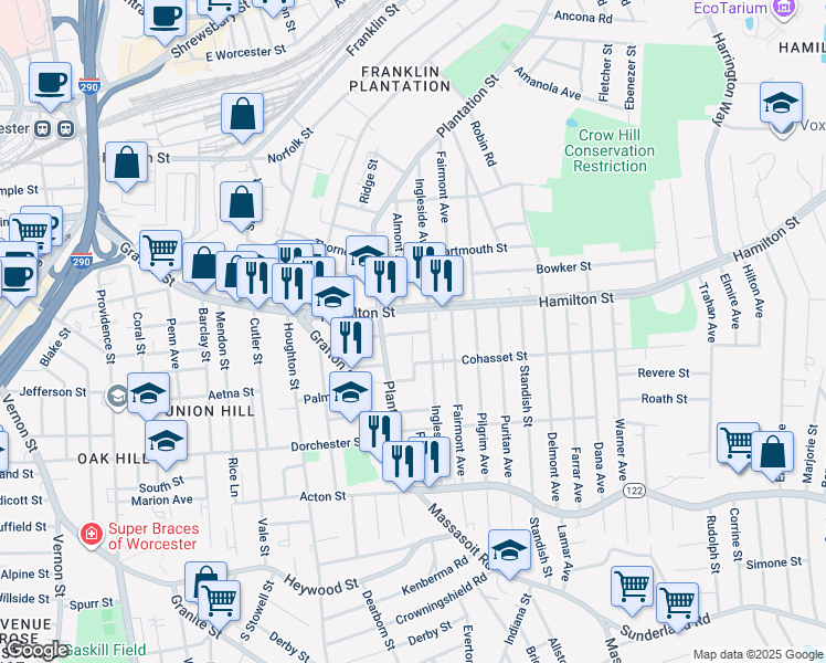 map of restaurants, bars, coffee shops, grocery stores, and more near 39 Caroline Street in Worcester
