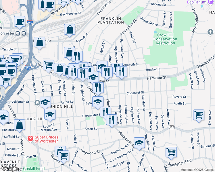 map of restaurants, bars, coffee shops, grocery stores, and more near 15 Caroline Street in Worcester