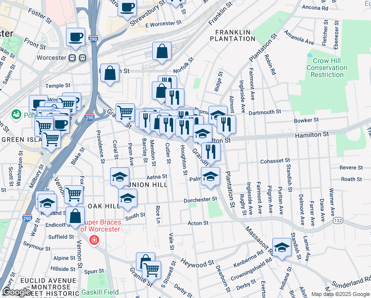map of restaurants, bars, coffee shops, grocery stores, and more near 17 Houghton Street in Worcester