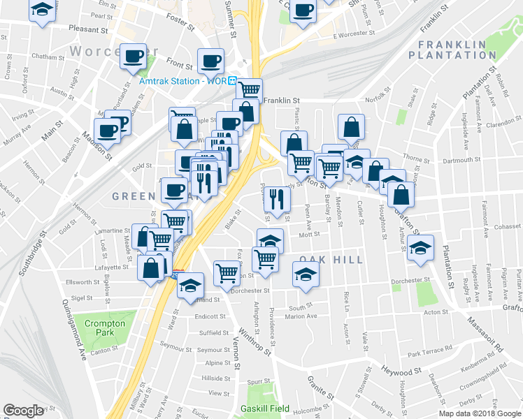 map of restaurants, bars, coffee shops, grocery stores, and more near in Worcester