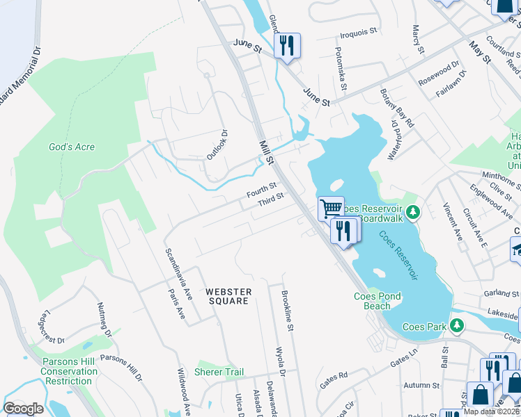 map of restaurants, bars, coffee shops, grocery stores, and more near 17 2nd Street in Worcester