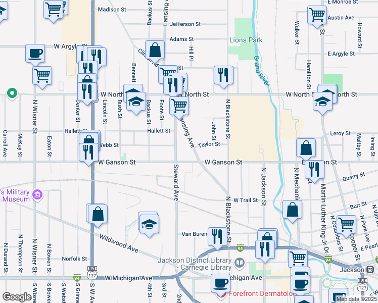map of restaurants, bars, coffee shops, grocery stores, and more near 412 West Ganson Street in Jackson
