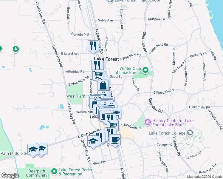 map of restaurants, bars, coffee shops, grocery stores, and more near 843 North McKinley Road in Lake Forest