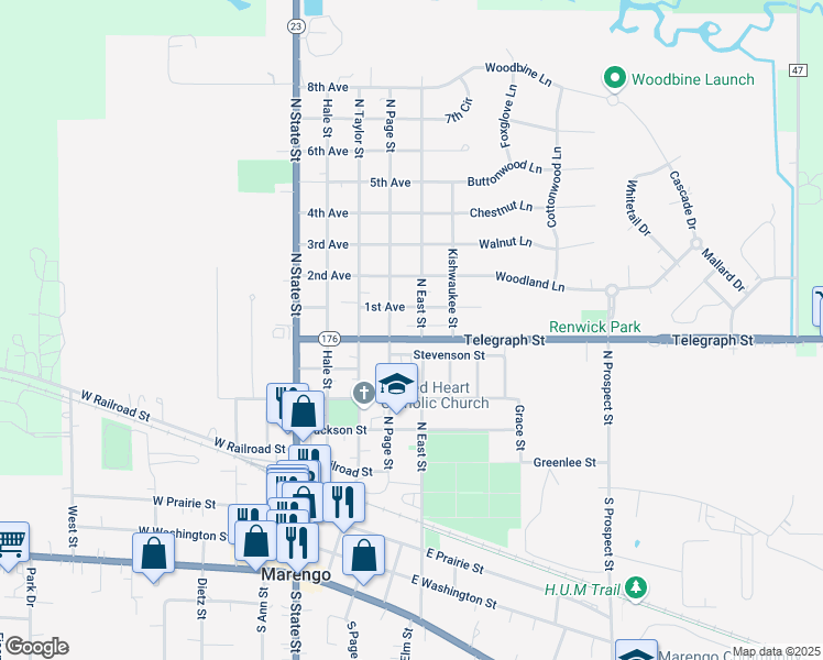 map of restaurants, bars, coffee shops, grocery stores, and more near 502 Stevenson Street in Marengo