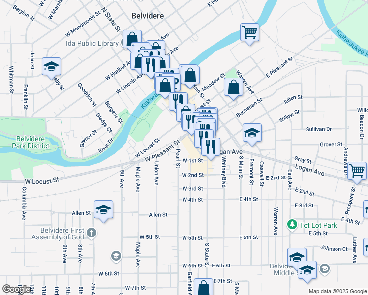 map of restaurants, bars, coffee shops, grocery stores, and more near 111 West 1st Street in Belvidere