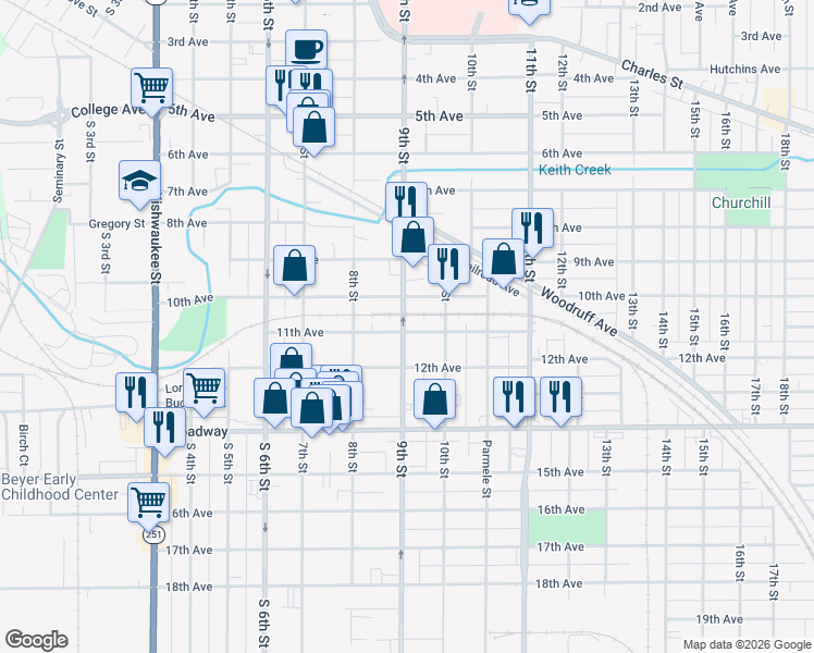map of restaurants, bars, coffee shops, grocery stores, and more near in Rockford