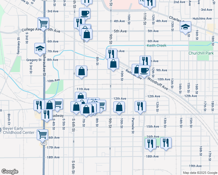 map of restaurants, bars, coffee shops, grocery stores, and more near 1231 11th Avenue in Rockford