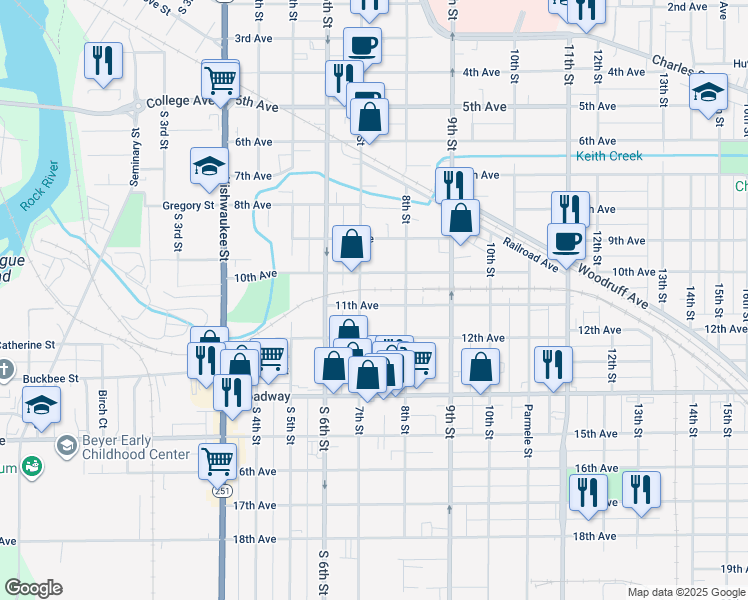 map of restaurants, bars, coffee shops, grocery stores, and more near 1204 7th Street in Rockford