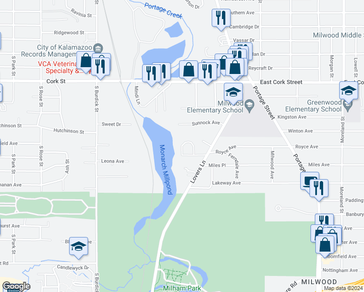 map of restaurants, bars, coffee shops, grocery stores, and more near 721 Keenway Circle in Kalamazoo