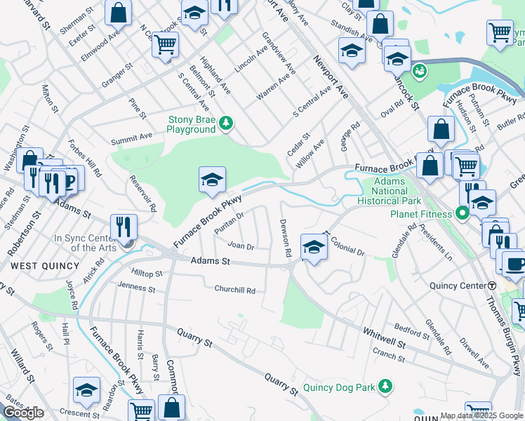 map of restaurants, bars, coffee shops, grocery stores, and more near 55 Puritan Drive in Quincy