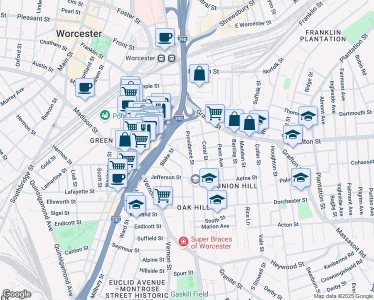 map of restaurants, bars, coffee shops, grocery stores, and more near 48 Providence Street in Worcester