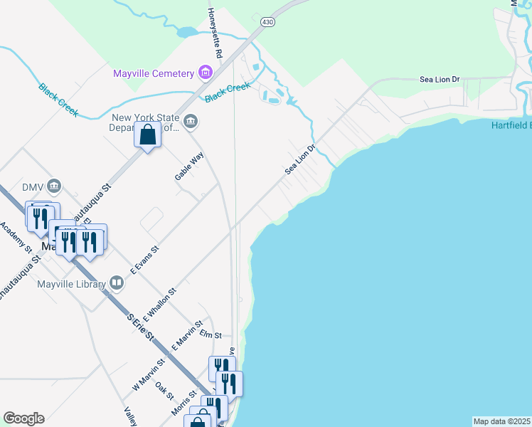 map of restaurants, bars, coffee shops, grocery stores, and more near 67 Sea Lion Drive in Mayville