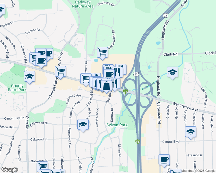 map of restaurants, bars, coffee shops, grocery stores, and more near 3500 Washtenaw Avenue in Ann Arbor