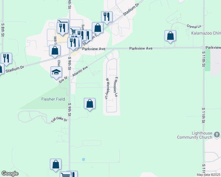 map of restaurants, bars, coffee shops, grocery stores, and more near 6255 West Wembley Lane in Kalamazoo