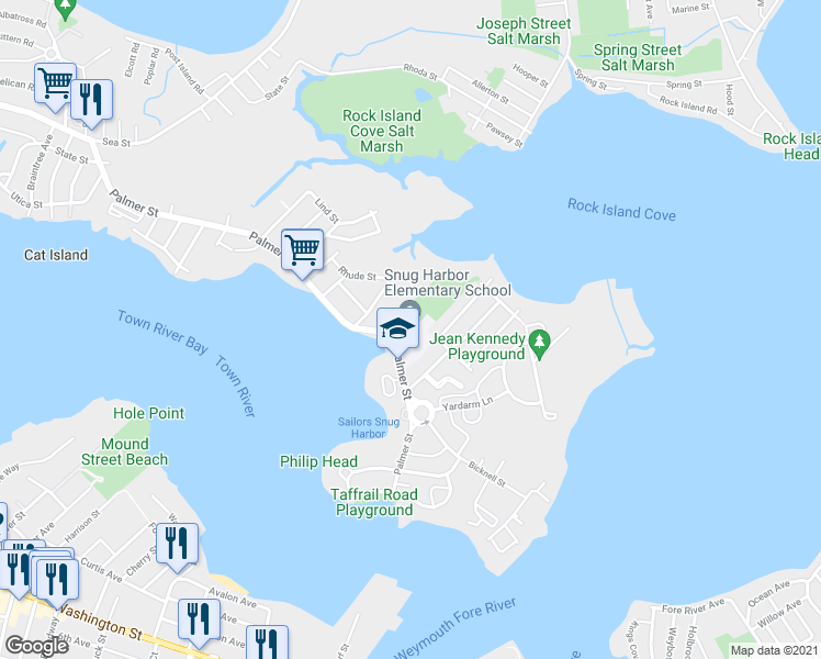 map of restaurants, bars, coffee shops, grocery stores, and more near 333 Palmer Street in Quincy