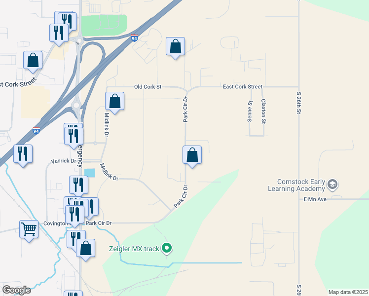 map of restaurants, bars, coffee shops, grocery stores, and more near 3625 Park Circle Drive in Kalamazoo