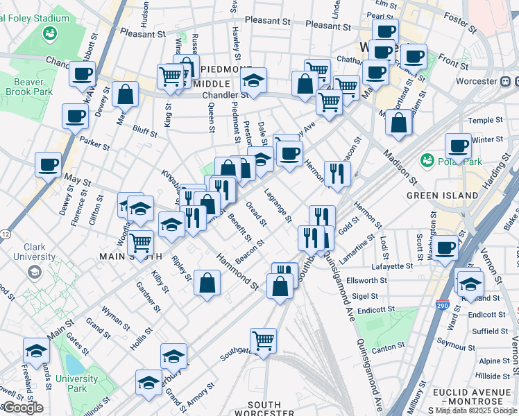 map of restaurants, bars, coffee shops, grocery stores, and more near 15 Oread Street in Worcester