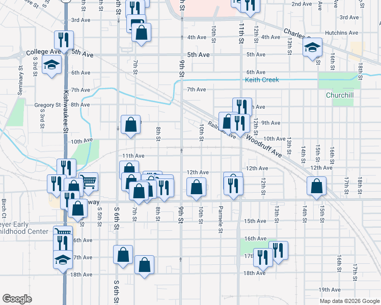 map of restaurants, bars, coffee shops, grocery stores, and more near 1319 11th Avenue in Rockford