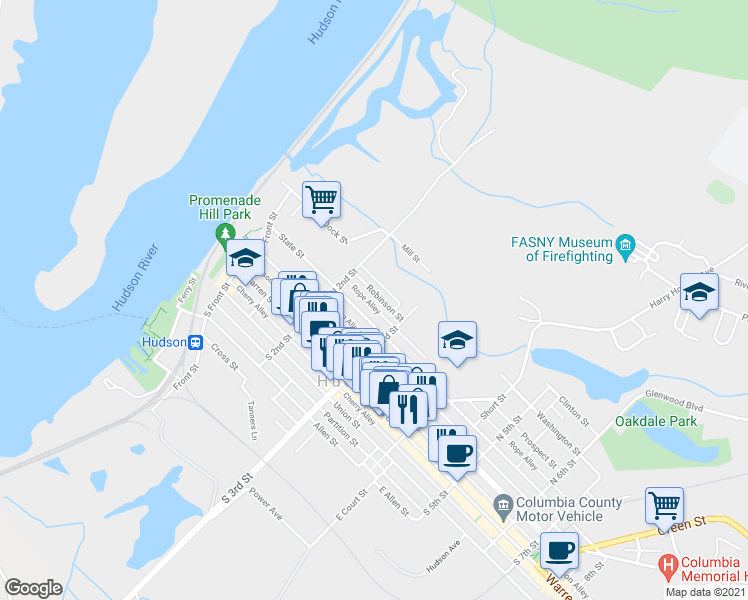map of restaurants, bars, coffee shops, grocery stores, and more near 229 Robinson Street in Hudson