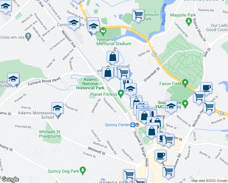 map of restaurants, bars, coffee shops, grocery stores, and more near 40-70 Adams Street in Quincy