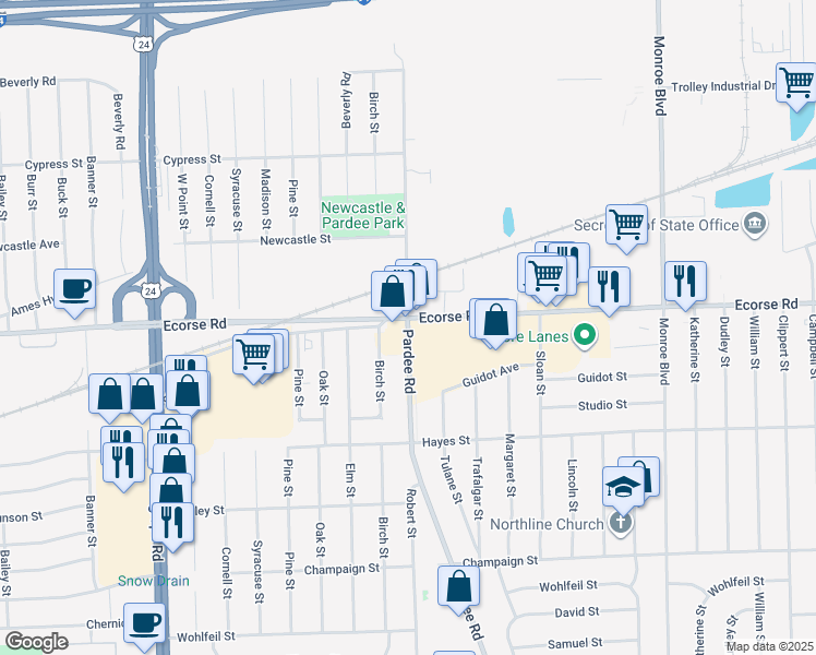 map of restaurants, bars, coffee shops, grocery stores, and more near in Taylor