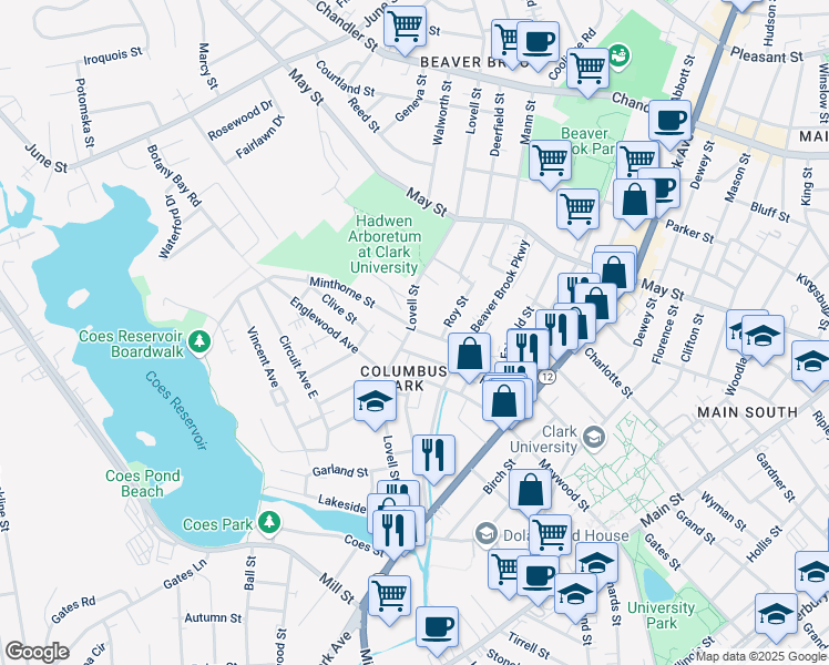 map of restaurants, bars, coffee shops, grocery stores, and more near 154 Lovell Street in Worcester