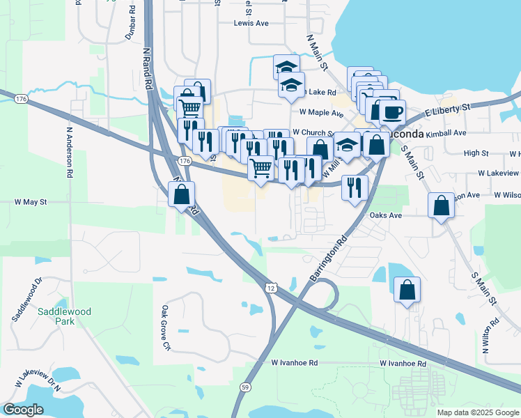 map of restaurants, bars, coffee shops, grocery stores, and more near 176 Thomas Court in Wauconda