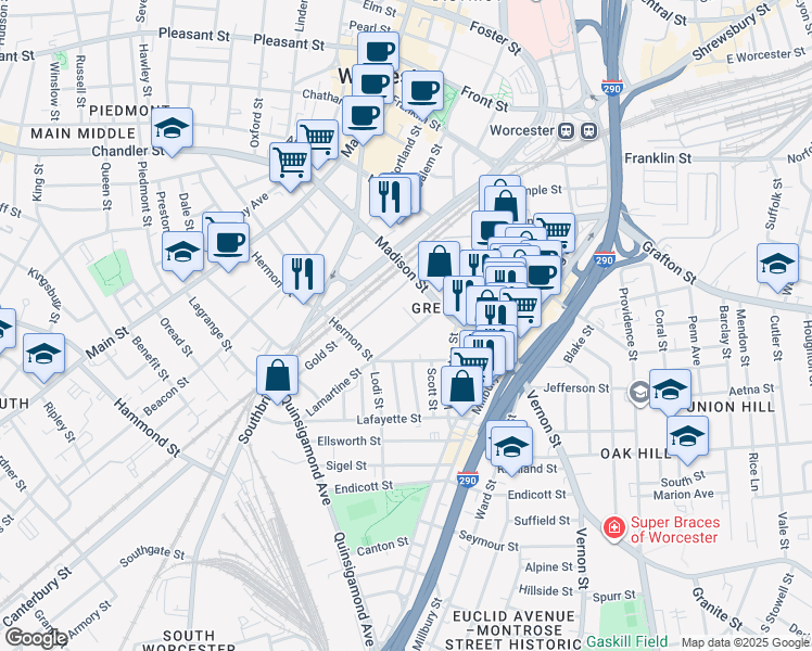 map of restaurants, bars, coffee shops, grocery stores, and more near 115 Madison Street in Worcester
