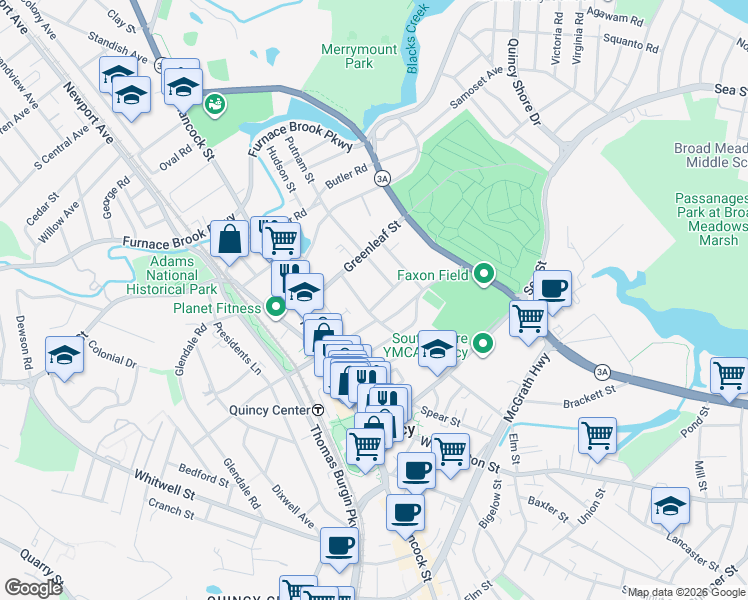 map of restaurants, bars, coffee shops, grocery stores, and more near 10 Edgewood Circle in Quincy