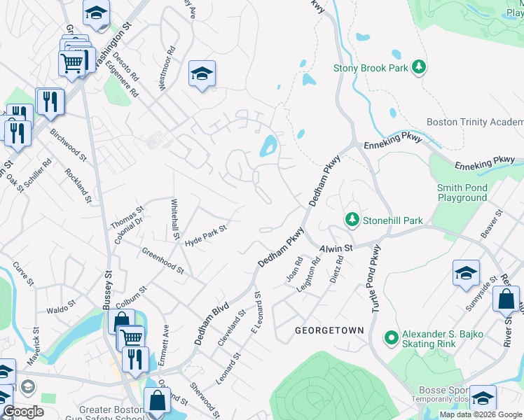 map of restaurants, bars, coffee shops, grocery stores, and more near 20 Hyde Park Street in Dedham